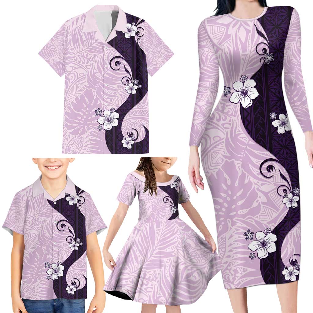 Polynesia Hibiscus Family Matching Long Sleeve Bodycon Dress and Hawaiian Shirt Thistle Curve Motif - Polynesian Pride