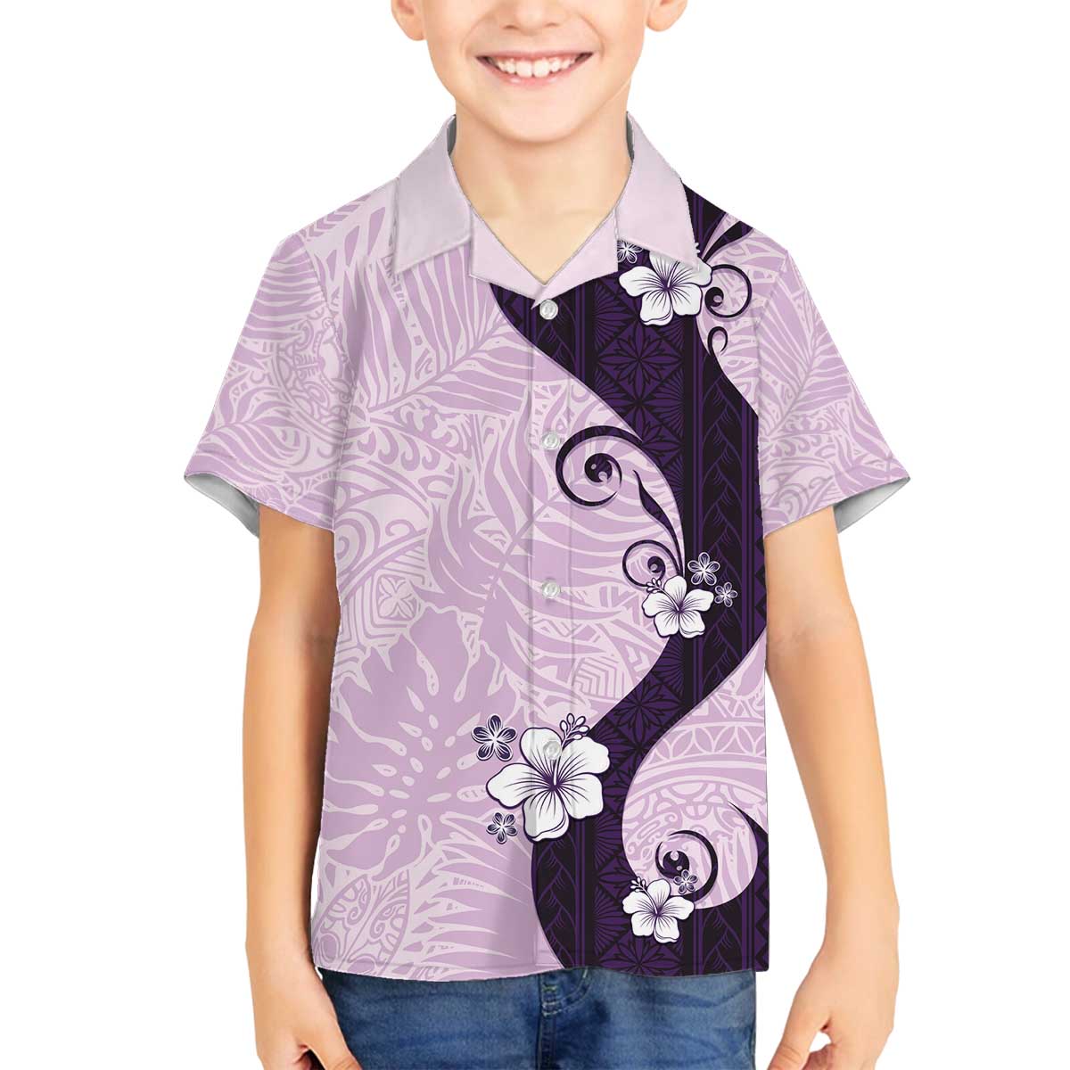 Polynesia Hibiscus Family Matching Off The Shoulder Long Sleeve Dress and Hawaiian Shirt Thistle Curve Motif - Polynesian Pride