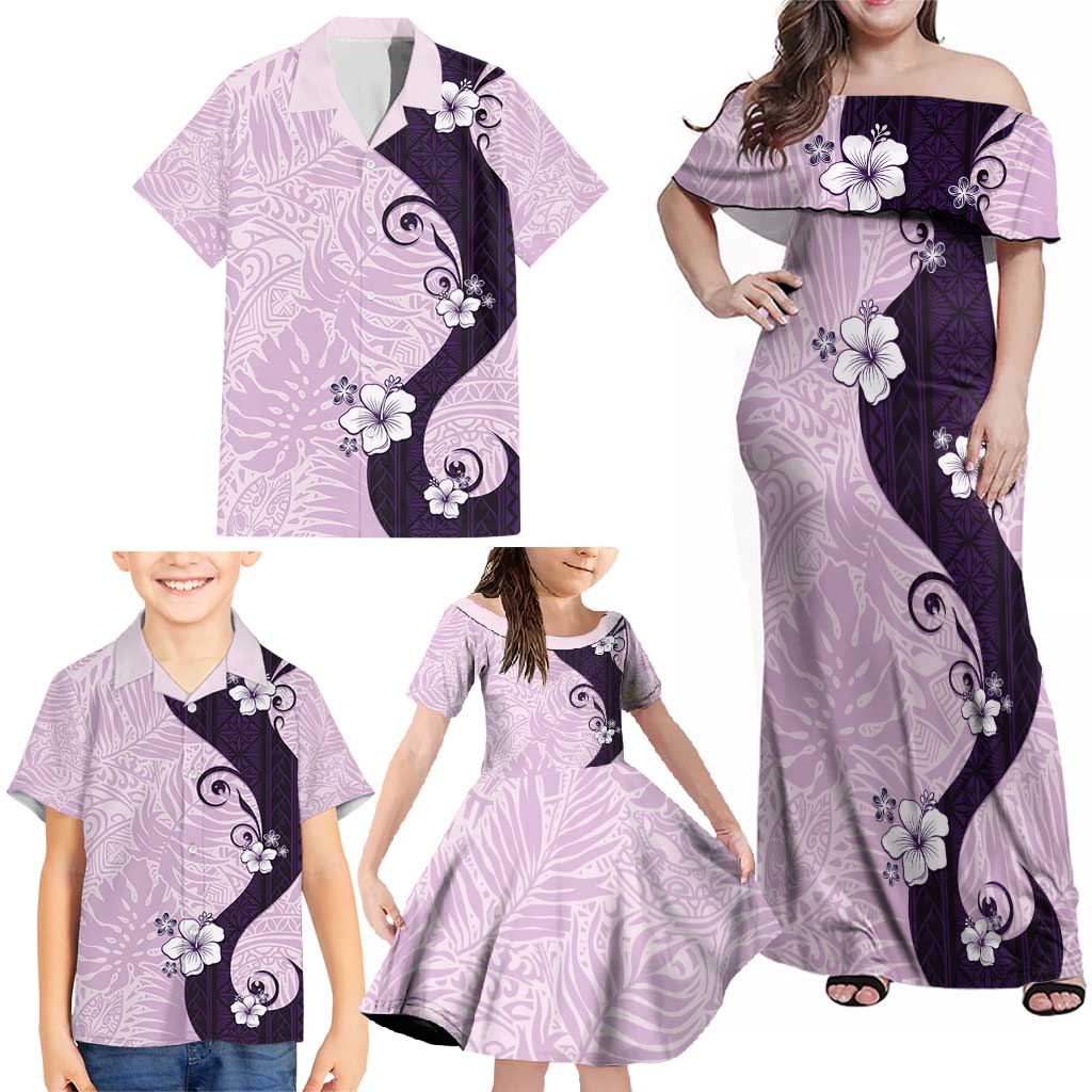Polynesia Hibiscus Family Matching Off Shoulder Maxi Dress and Hawaiian Shirt Thistle Curve Motif - Polynesian Pride