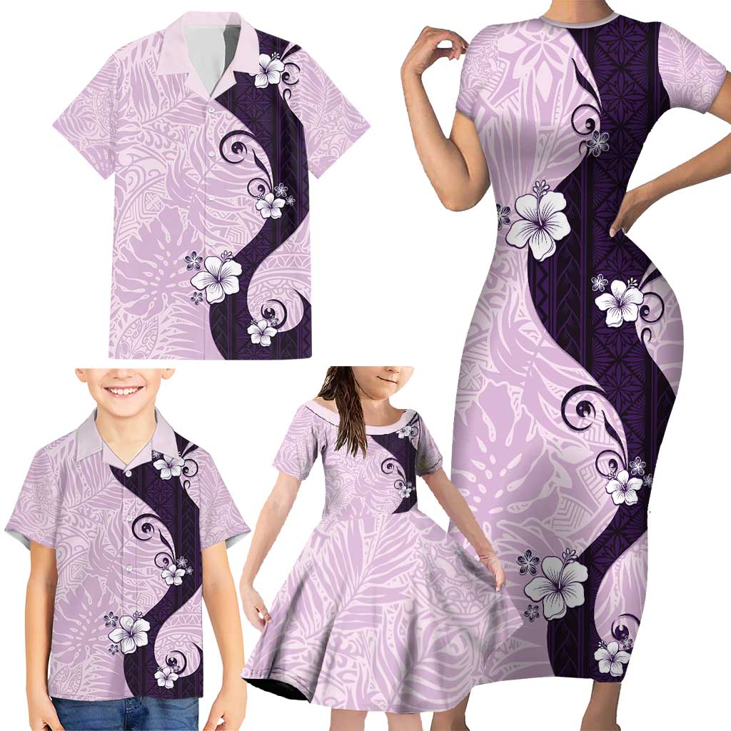 Polynesia Hibiscus Family Matching Short Sleeve Bodycon Dress and Hawaiian Shirt Thistle Curve Motif - Polynesian Pride