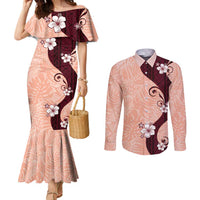 Polynesia Hibiscus Couples Matching Mermaid Dress and Long Sleeve Button Shirt Rose Bud Curve Motif - Polynesian Pride