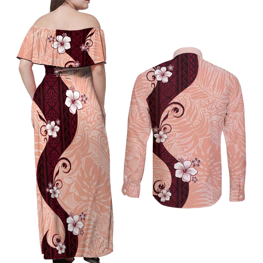 Polynesia Hibiscus Couples Matching Off Shoulder Maxi Dress and Long Sleeve Button Shirt Rose Bud Curve Motif - Polynesian Pride