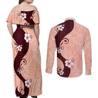 Polynesia Hibiscus Couples Matching Off Shoulder Maxi Dress and Long Sleeve Button Shirt Rose Bud Curve Motif - Polynesian Pride