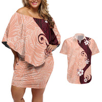 Polynesia Hibiscus Couples Matching Off Shoulder Short Dress and Hawaiian Shirt Rose Bud Curve Motif - Polynesian Pride