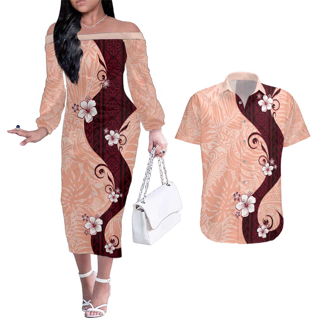 Polynesia Hibiscus Couples Matching Off The Shoulder Long Sleeve Dress and Hawaiian Shirt Rose Bud Curve Motif - Polynesian Pride