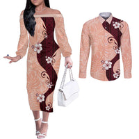 Polynesia Hibiscus Couples Matching Off The Shoulder Long Sleeve Dress and Long Sleeve Button Shirt Rose Bud Curve Motif - Polynesian Pride