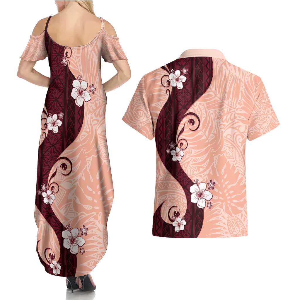 Polynesia Hibiscus Couples Matching Summer Maxi Dress and Hawaiian Shirt Rose Bud Curve Motif - Polynesian Pride
