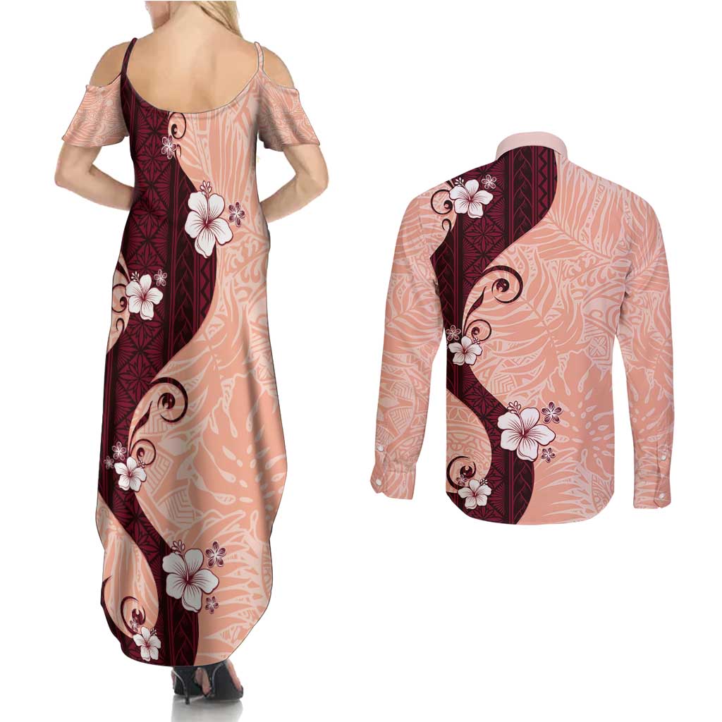 Polynesia Hibiscus Couples Matching Summer Maxi Dress and Long Sleeve Button Shirt Rose Bud Curve Motif - Polynesian Pride