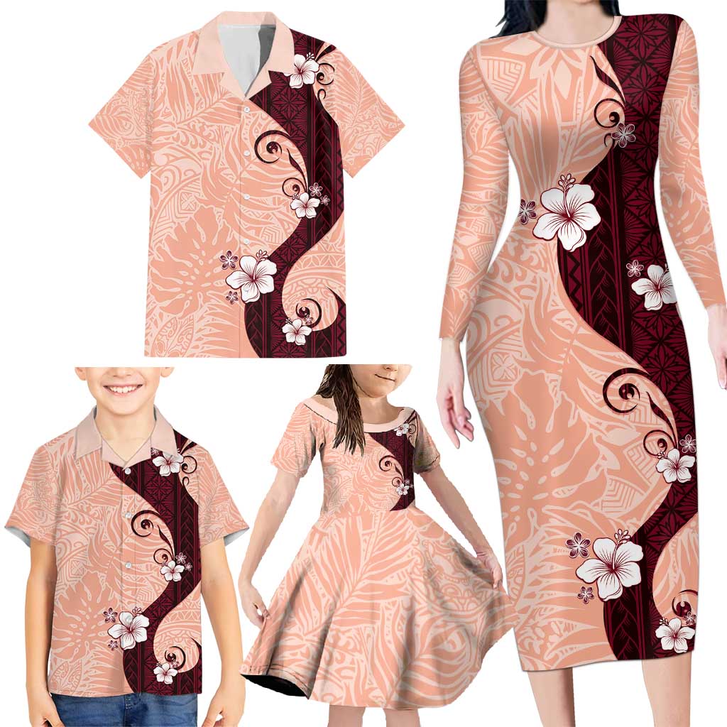 Polynesia Hibiscus Family Matching Long Sleeve Bodycon Dress and Hawaiian Shirt Rose Bud Curve Motif - Polynesian Pride