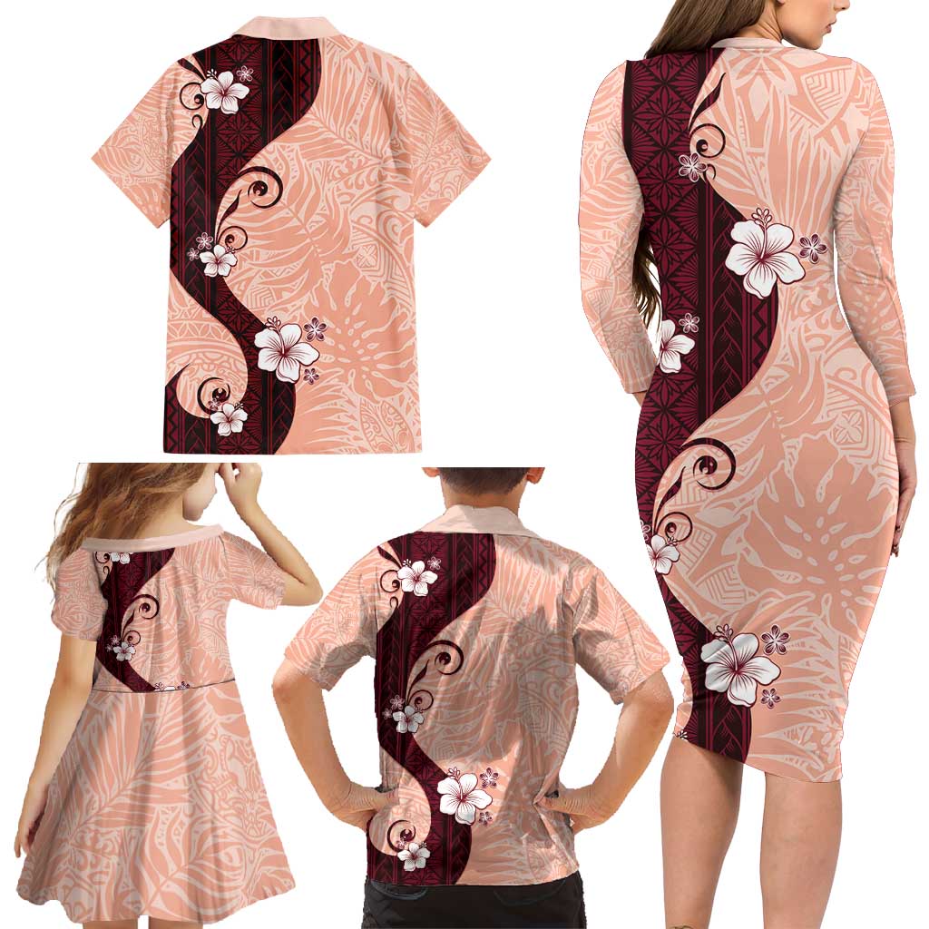 Polynesia Hibiscus Family Matching Long Sleeve Bodycon Dress and Hawaiian Shirt Rose Bud Curve Motif - Polynesian Pride