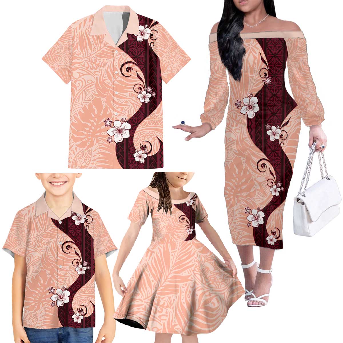 Polynesia Hibiscus Family Matching Off The Shoulder Long Sleeve Dress and Hawaiian Shirt Rose Bud Curve Motif - Polynesian Pride