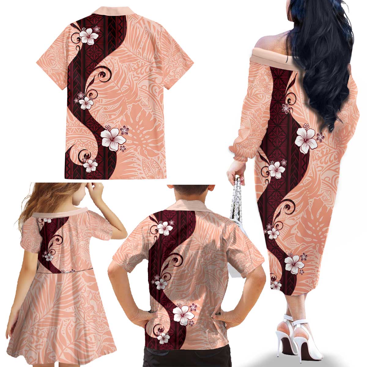 Polynesia Hibiscus Family Matching Off The Shoulder Long Sleeve Dress and Hawaiian Shirt Rose Bud Curve Motif - Polynesian Pride