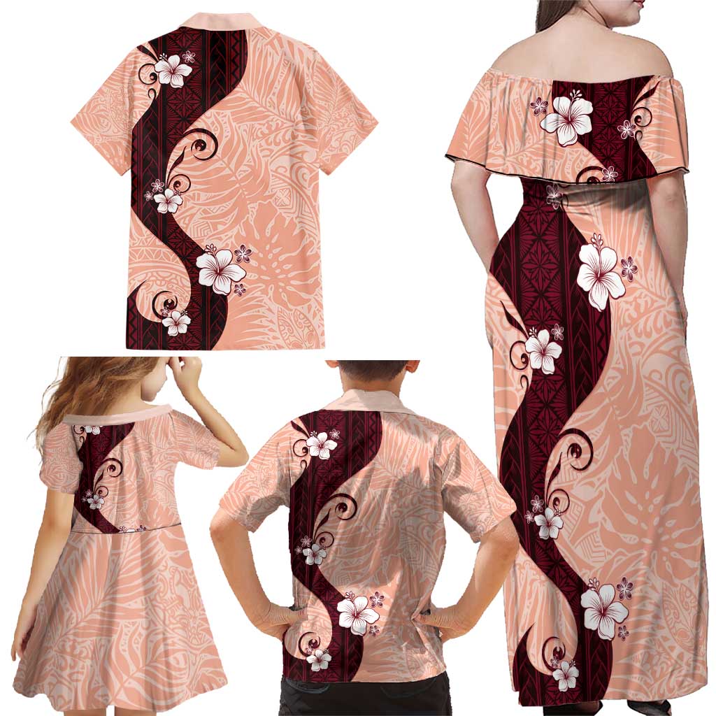 Polynesia Hibiscus Family Matching Off Shoulder Maxi Dress and Hawaiian Shirt Rose Bud Curve Motif - Polynesian Pride