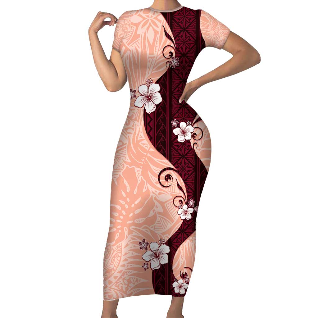 Polynesia Hibiscus Family Matching Short Sleeve Bodycon Dress and Hawaiian Shirt Rose Bud Curve Motif - Polynesian Pride