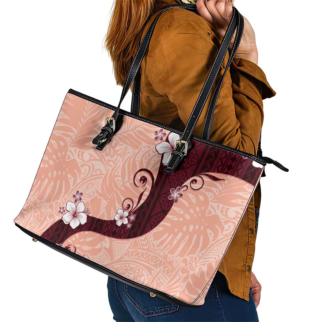 Polynesia Hibiscus Leather Tote Bag Rose Bud Curve Motif - Polynesian Pride