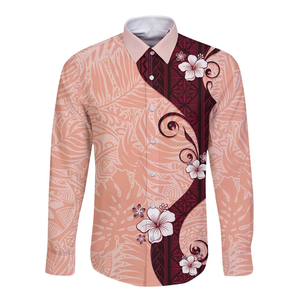 Polynesia Hibiscus Long Sleeve Button Shirt Rose Bud Curve Motif LT05 Unisex Red - Polynesian Pride