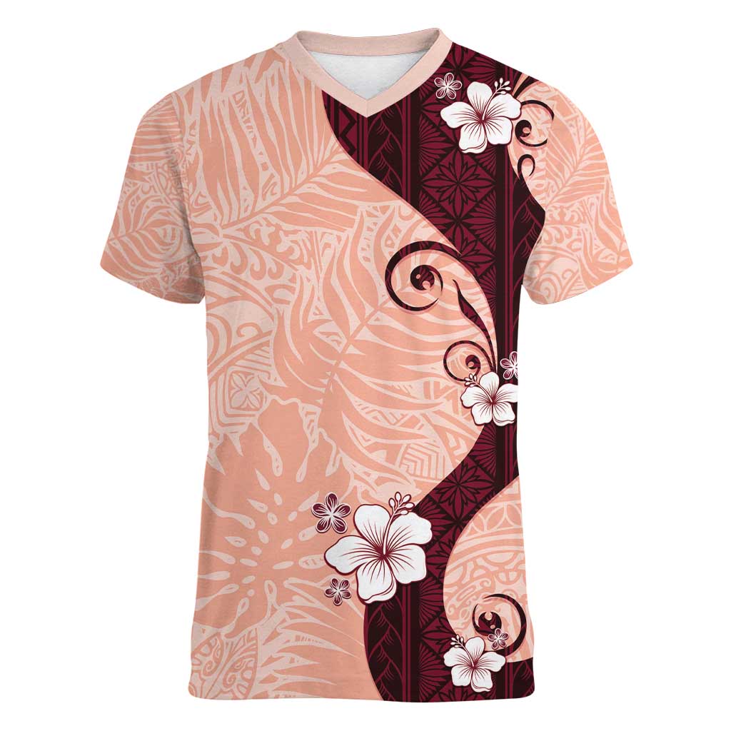 Polynesia Hibiscus Women V-Neck T-Shirt Rose Bud Curve Motif - Polynesian Pride