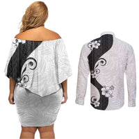 Polynesia Hibiscus Couples Matching Off Shoulder Short Dress and Long Sleeve Button Shirt White Curve Motif - Polynesian Pride