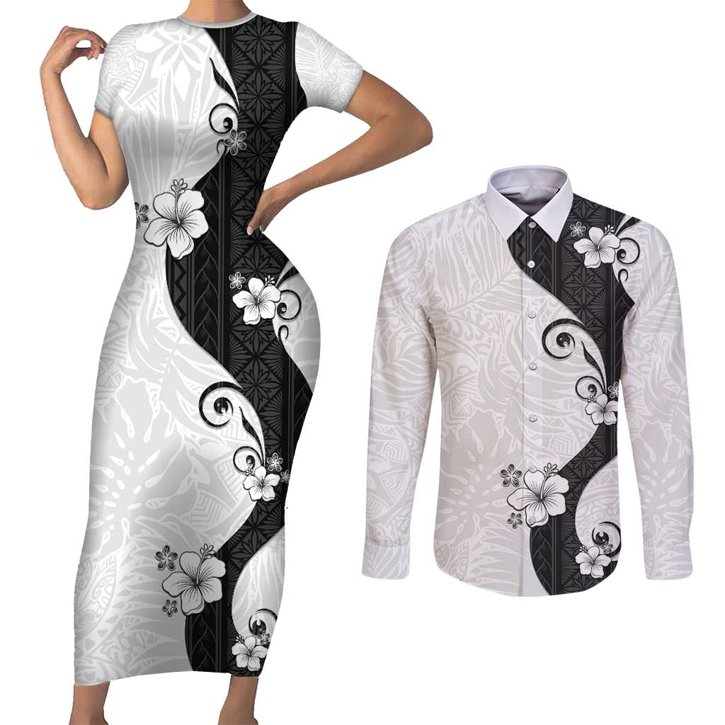 Polynesia Hibiscus Couples Matching Short Sleeve Bodycon Dress and Long Sleeve Button Shirt White Curve Motif - Polynesian Pride