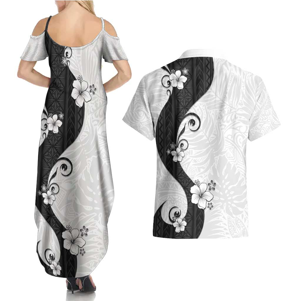 Polynesia Hibiscus Couples Matching Summer Maxi Dress and Hawaiian Shirt White Curve Motif - Polynesian Pride