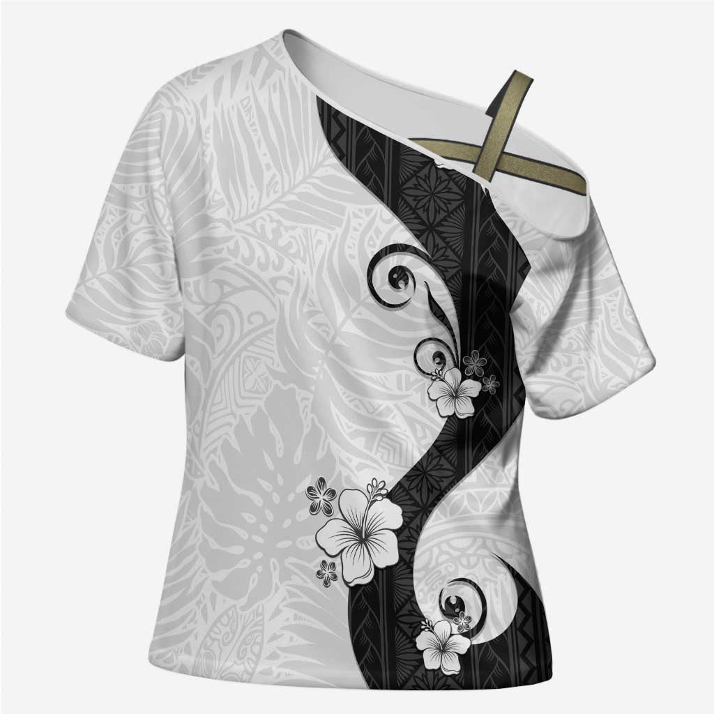 Polynesia Hibiscus Cross Shoulder Shirt White Curve Motif - Polynesian Pride