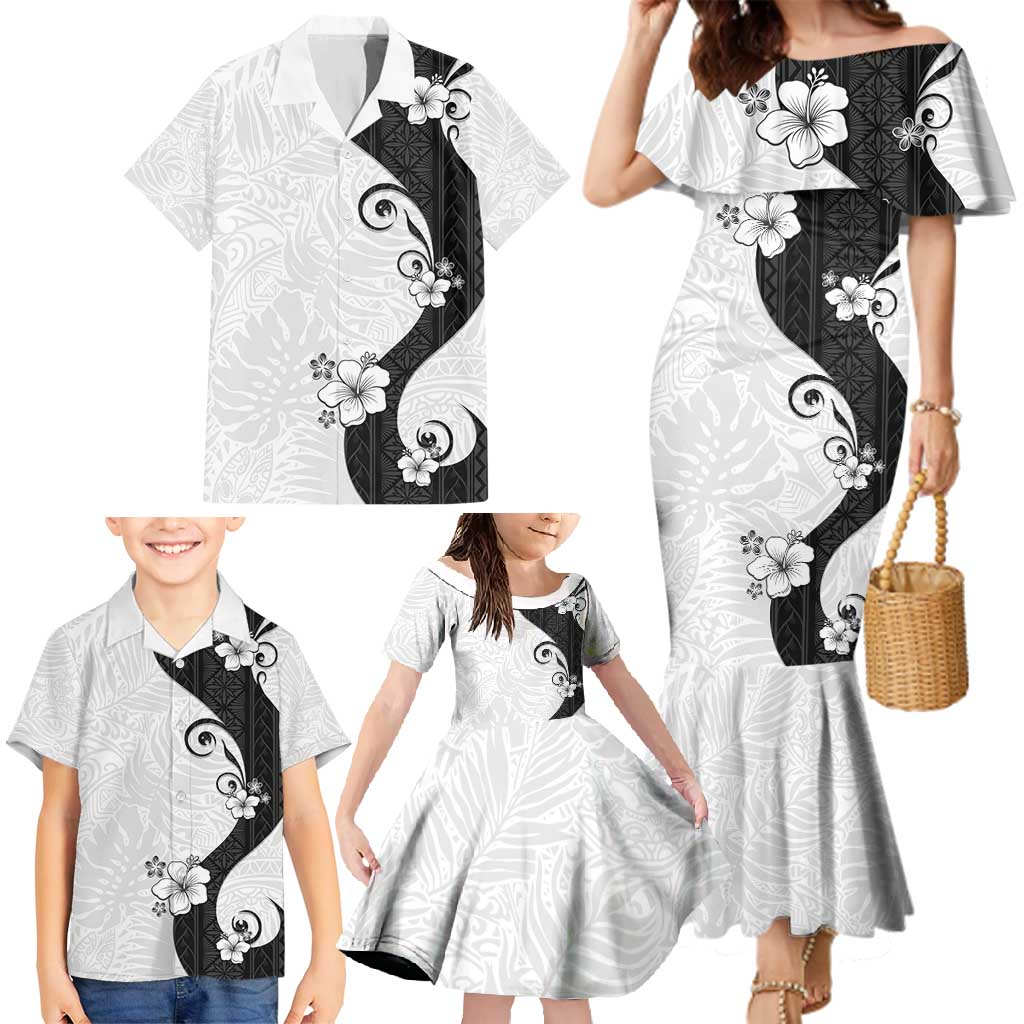 Polynesia Hibiscus Family Matching Mermaid Dress and Hawaiian Shirt White Curve Motif - Polynesian Pride