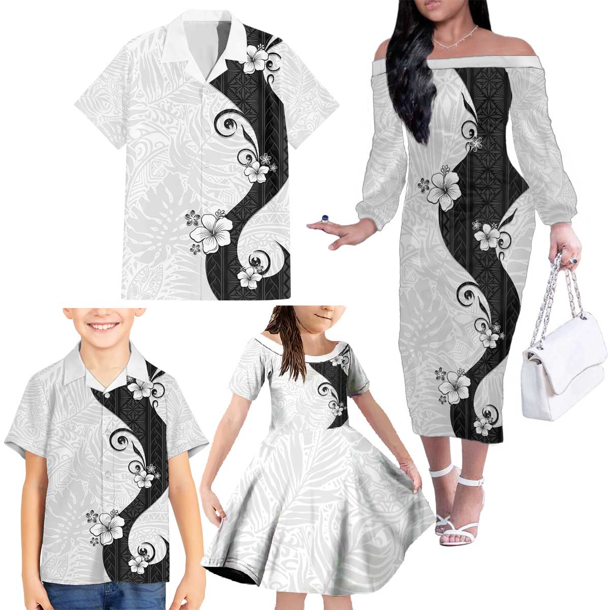 Polynesia Hibiscus Family Matching Off The Shoulder Long Sleeve Dress and Hawaiian Shirt White Curve Motif - Polynesian Pride