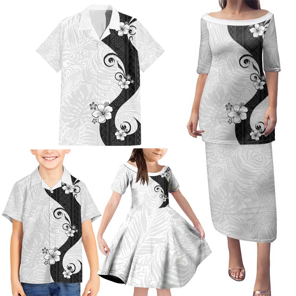 Polynesia Hibiscus Family Matching Puletasi and Hawaiian Shirt White Curve Motif - Polynesian Pride