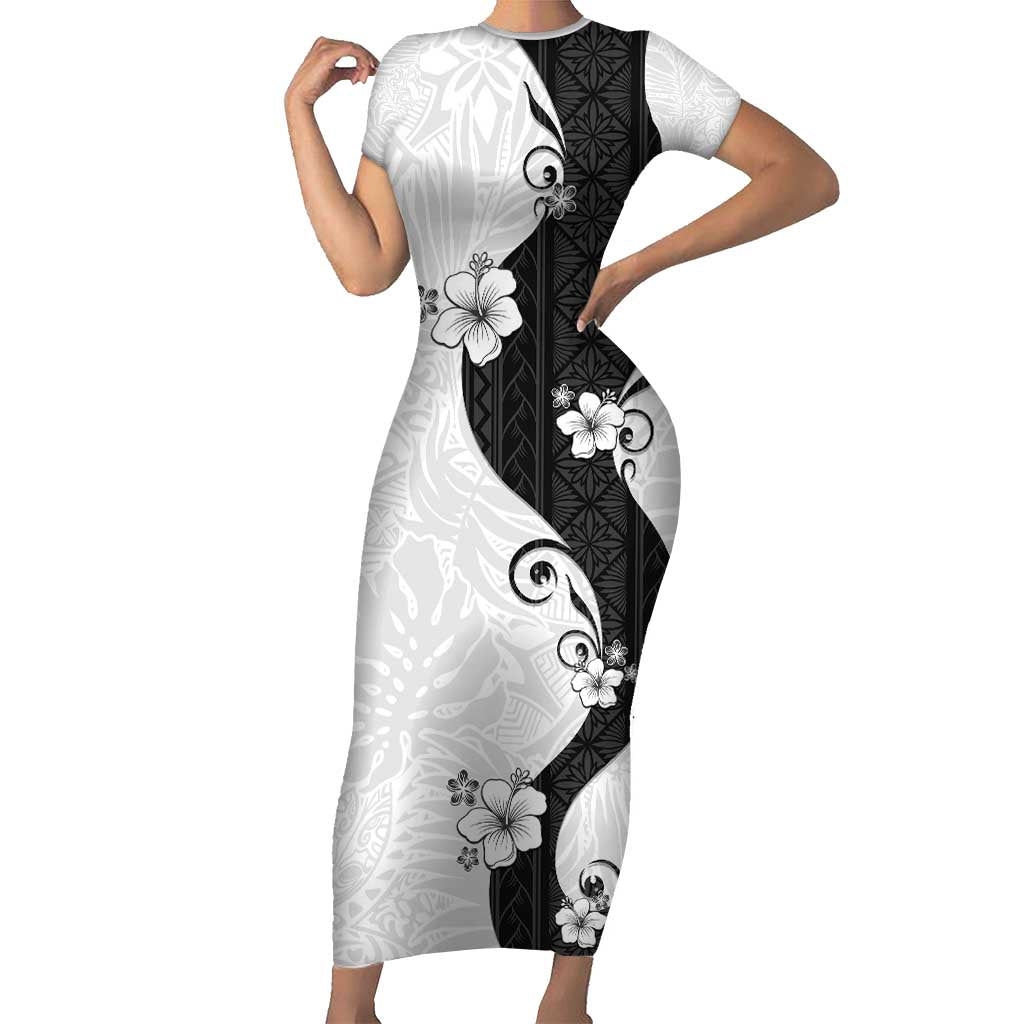 Polynesia Hibiscus Family Matching Short Sleeve Bodycon Dress and Hawaiian Shirt White Curve Motif - Polynesian Pride