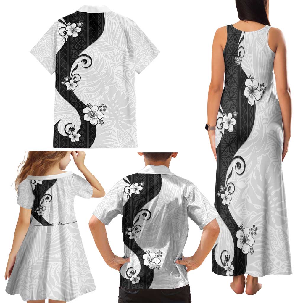 Polynesia Hibiscus Family Matching Tank Maxi Dress and Hawaiian Shirt White Curve Motif - Polynesian Pride
