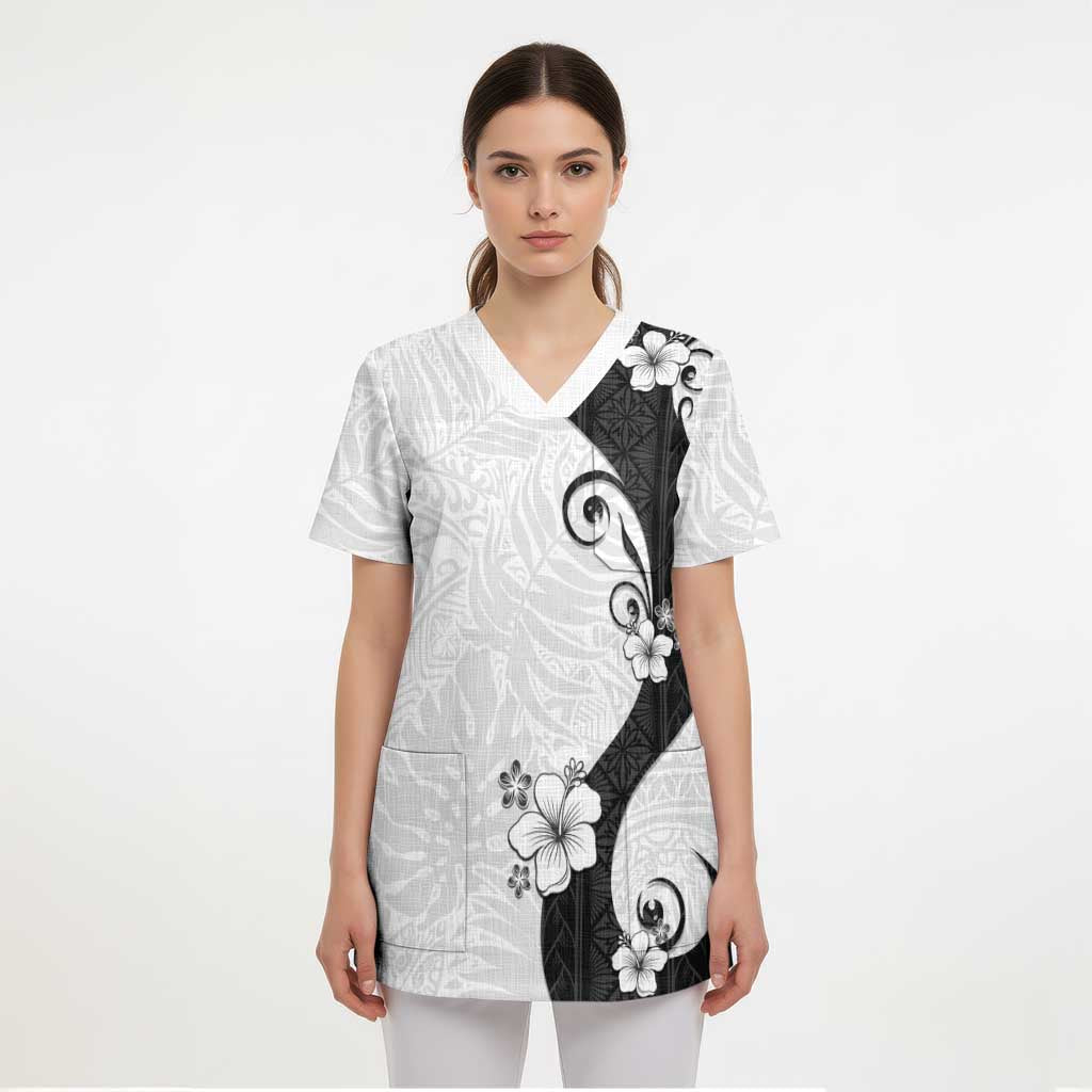 Polynesia Hibiscus Scrub Top White Curve Motif - Polynesian Pride