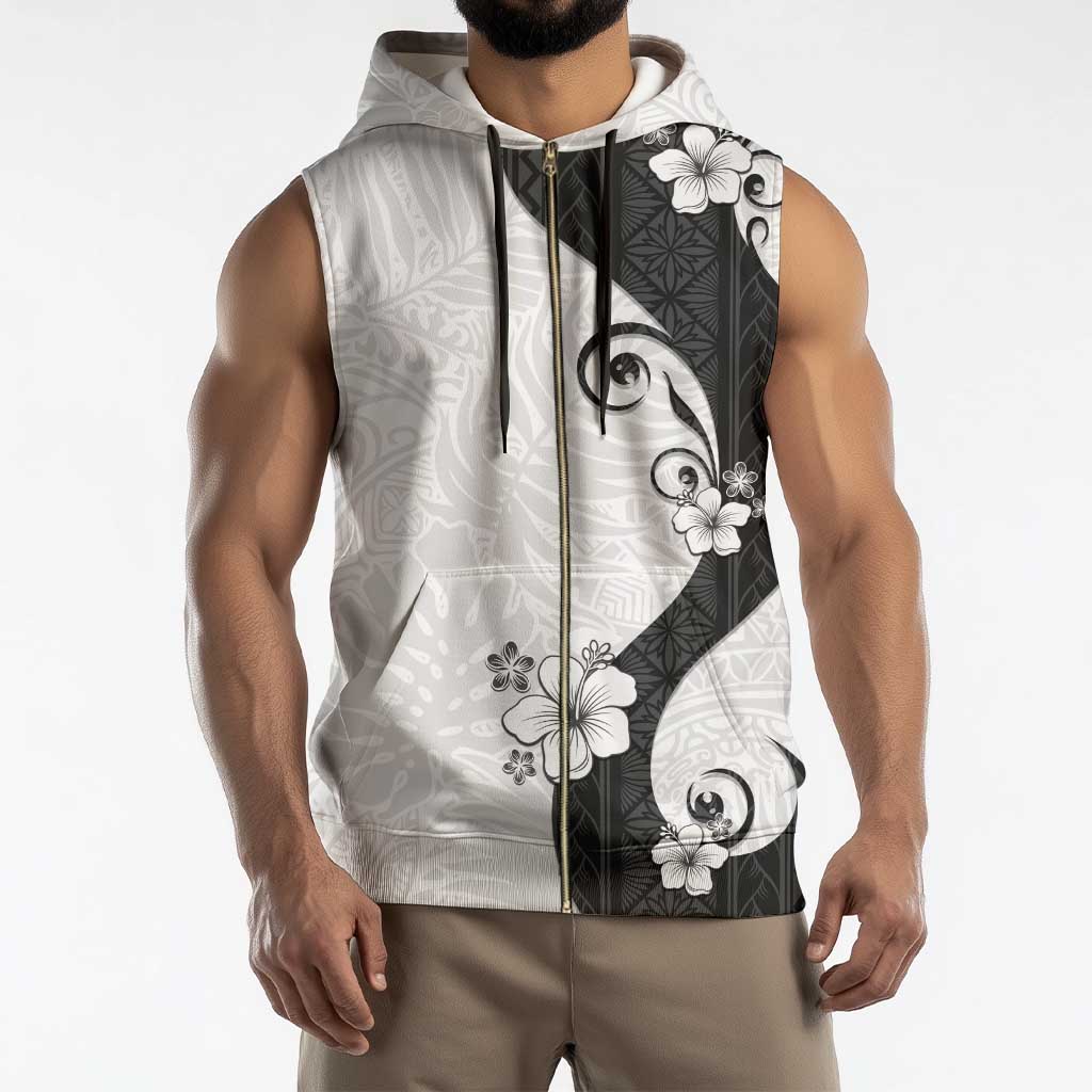 Polynesia Hibiscus Sleeveless Zip Hoodie White Curve Motif - Polynesian Pride