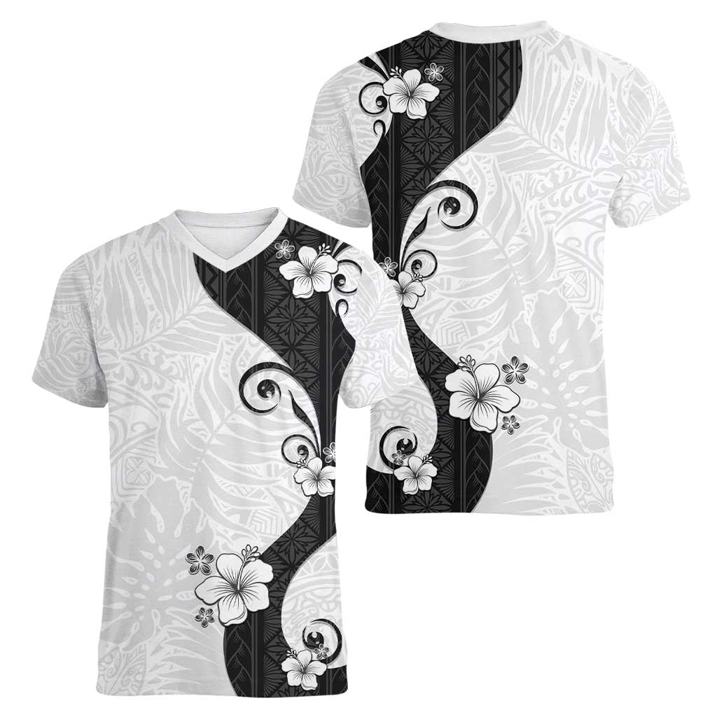 Polynesia Hibiscus Women V-Neck T-Shirt White Curve Motif - Polynesian Pride