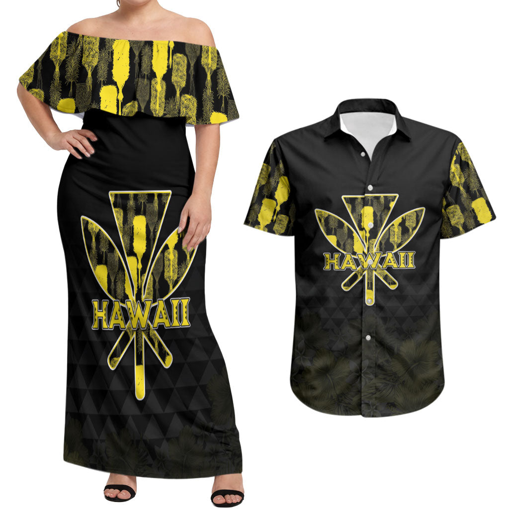 Personalised Aloha Hawaii Kahili Couples Matching Off Shoulder Maxi Dress and Hawaiian Shirt Kanaka Maoli With Kakau Pattern