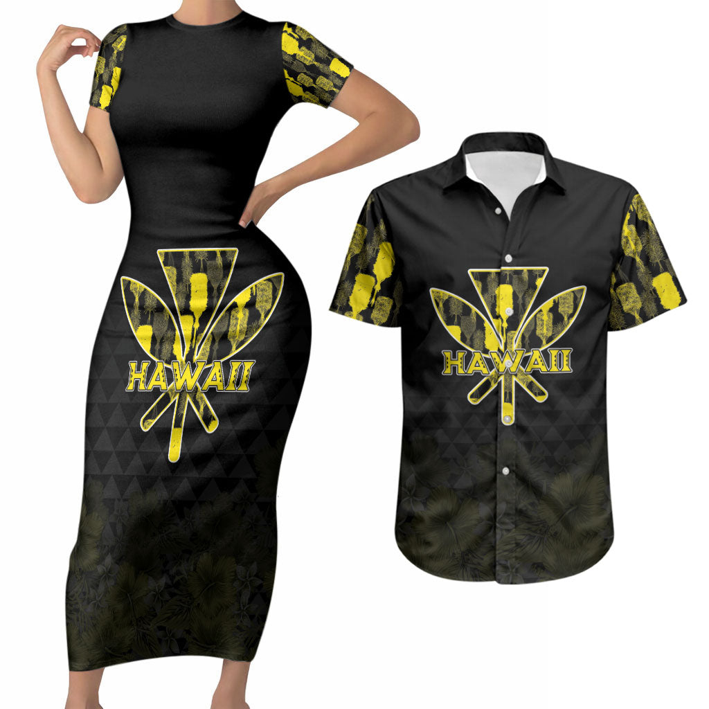 Personalised Aloha Hawaii Kahili Couples Matching Short Sleeve Bodycon Dress and Hawaiian Shirt Kanaka Maoli With Kakau Pattern