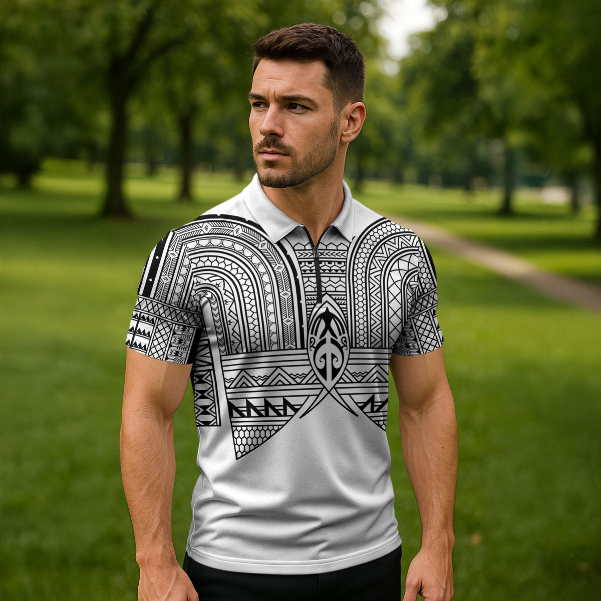 Philippines Igorot Tribal Inspired Zipper Polo Shirt White Version LT05 - Polynesian Pride
