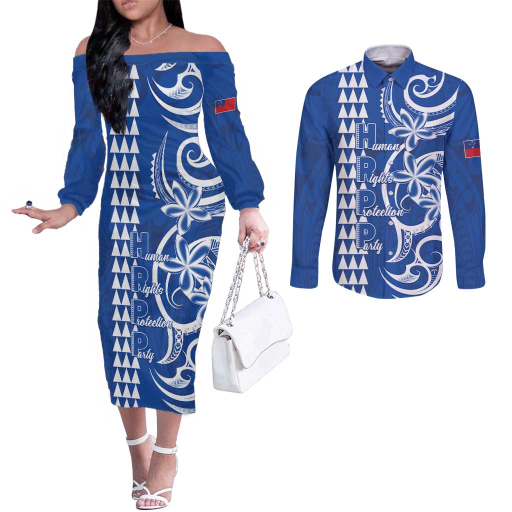 Samoa HRPP Party Couples Matching Off The Shoulder Long Sleeve Dress and Long Sleeve Button Shirt Polynesian Pattern - Polynesian Pride
