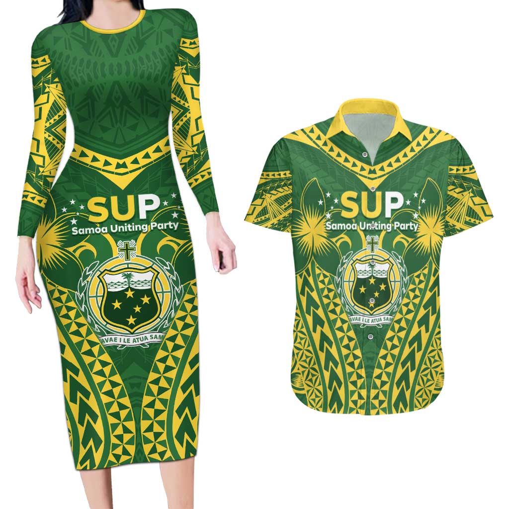 Samoa SUP Couples Matching Long Sleeve Bodycon Dress and Hawaiian Shirt Samoan Coat Of Arms - Polynesian Pride