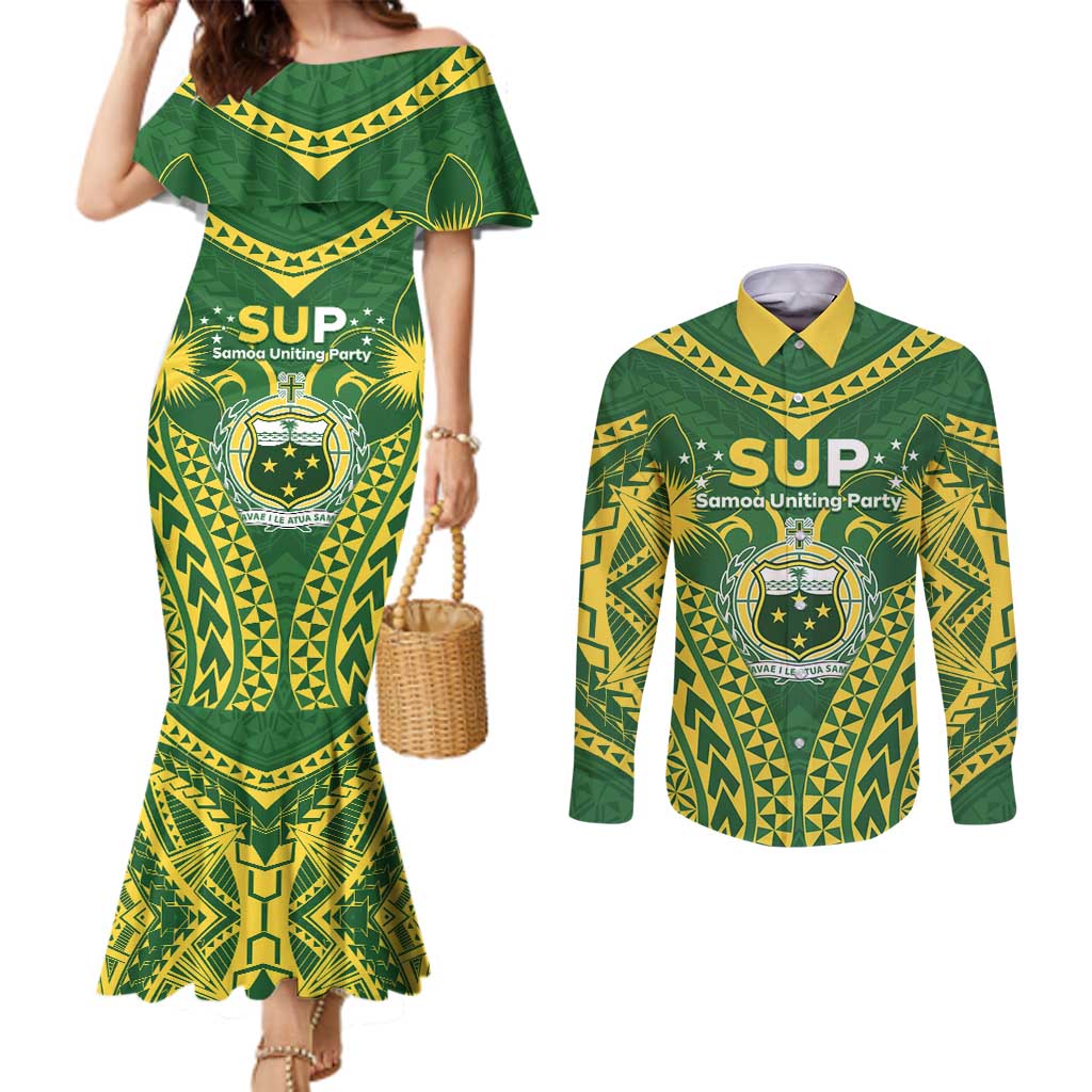 Samoa SUP Couples Matching Mermaid Dress and Long Sleeve Button Shirt Samoan Coat Of Arms - Polynesian Pride