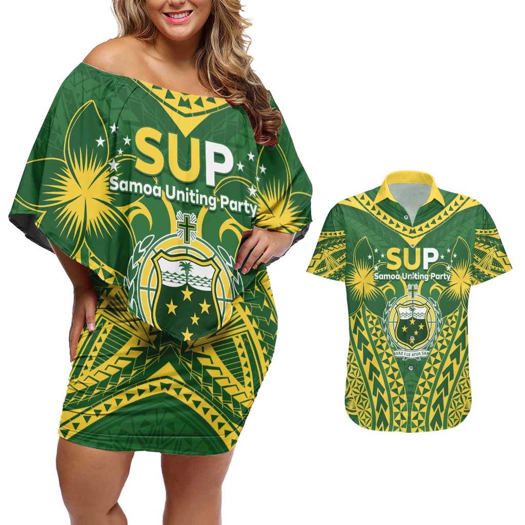 Samoa SUP Couples Matching Off Shoulder Short Dress and Hawaiian Shirt Samoan Coat Of Arms - Polynesian Pride