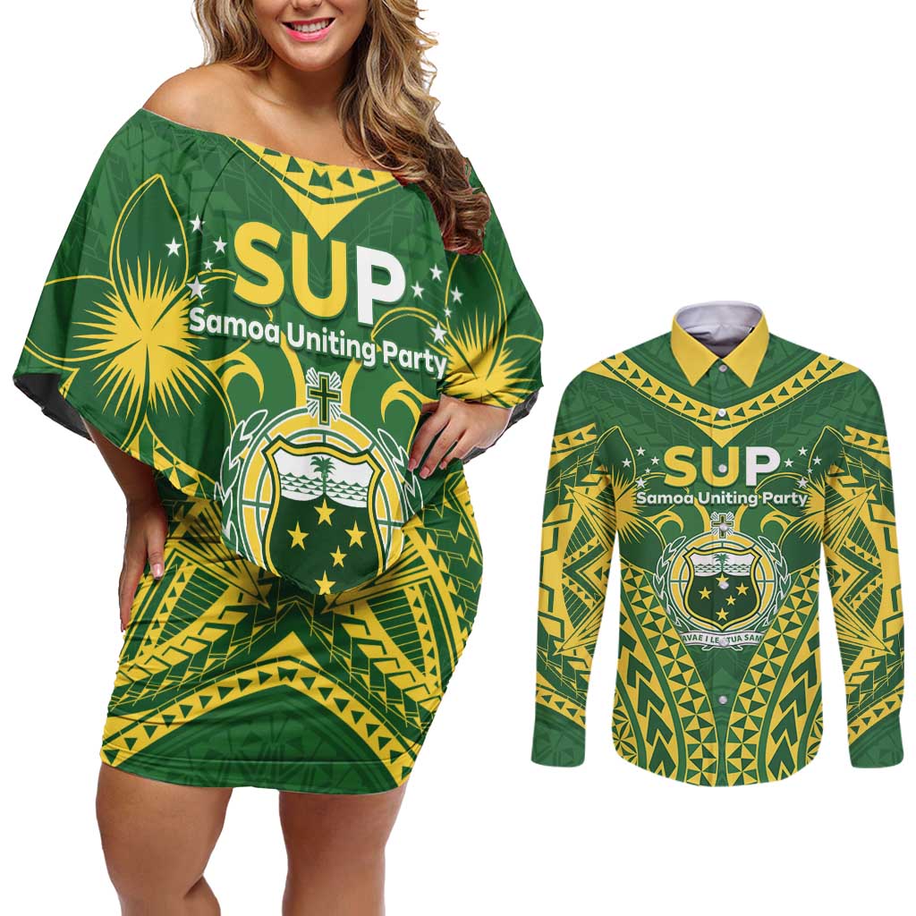 Samoa SUP Couples Matching Off Shoulder Short Dress and Long Sleeve Button Shirt Samoan Coat Of Arms - Polynesian Pride