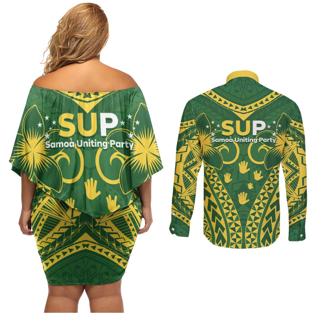 Samoa SUP Couples Matching Off Shoulder Short Dress and Long Sleeve Button Shirt Samoan Coat Of Arms - Polynesian Pride