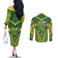 Samoa SUP Couples Matching Off The Shoulder Long Sleeve Dress and Long Sleeve Button Shirt Samoan Coat Of Arms - Polynesian Pride