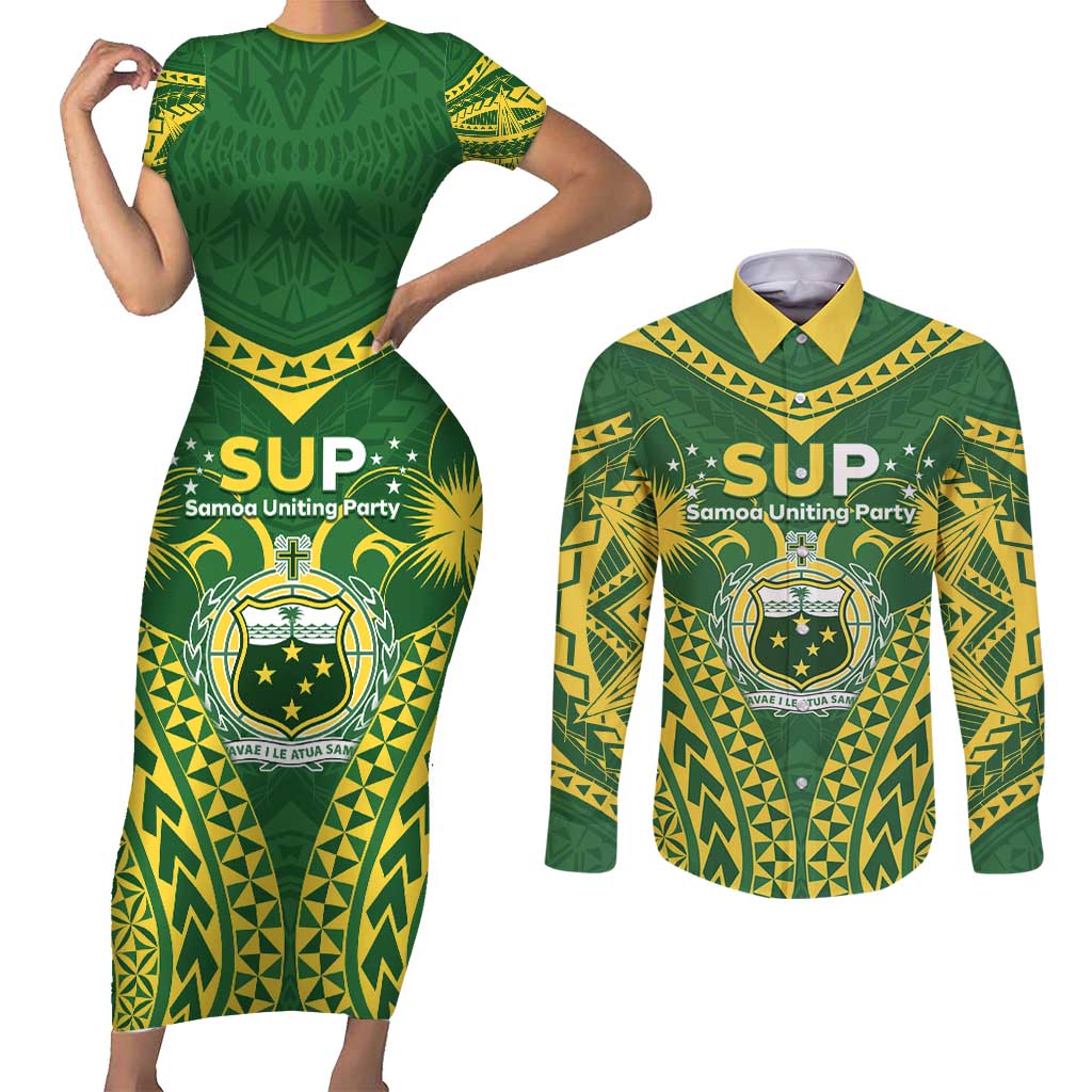 Samoa SUP Couples Matching Short Sleeve Bodycon Dress and Long Sleeve Button Shirt Samoan Coat Of Arms - Polynesian Pride