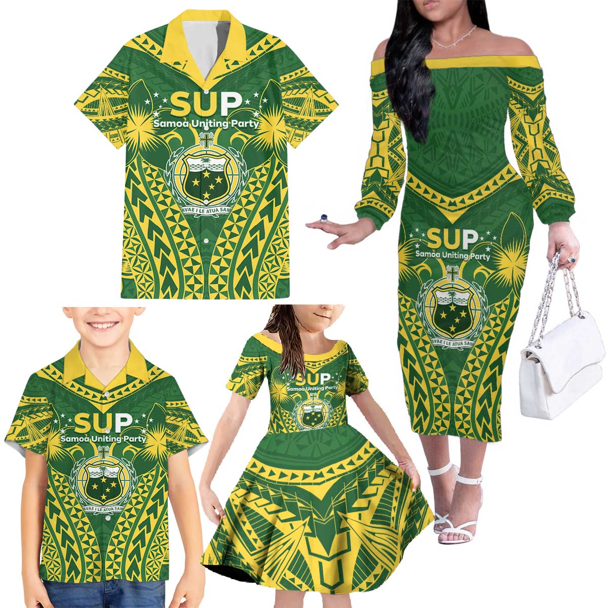 Samoa SUP Family Matching Off The Shoulder Long Sleeve Dress and Hawaiian Shirt Samoan Coat Of Arms - Polynesian Pride