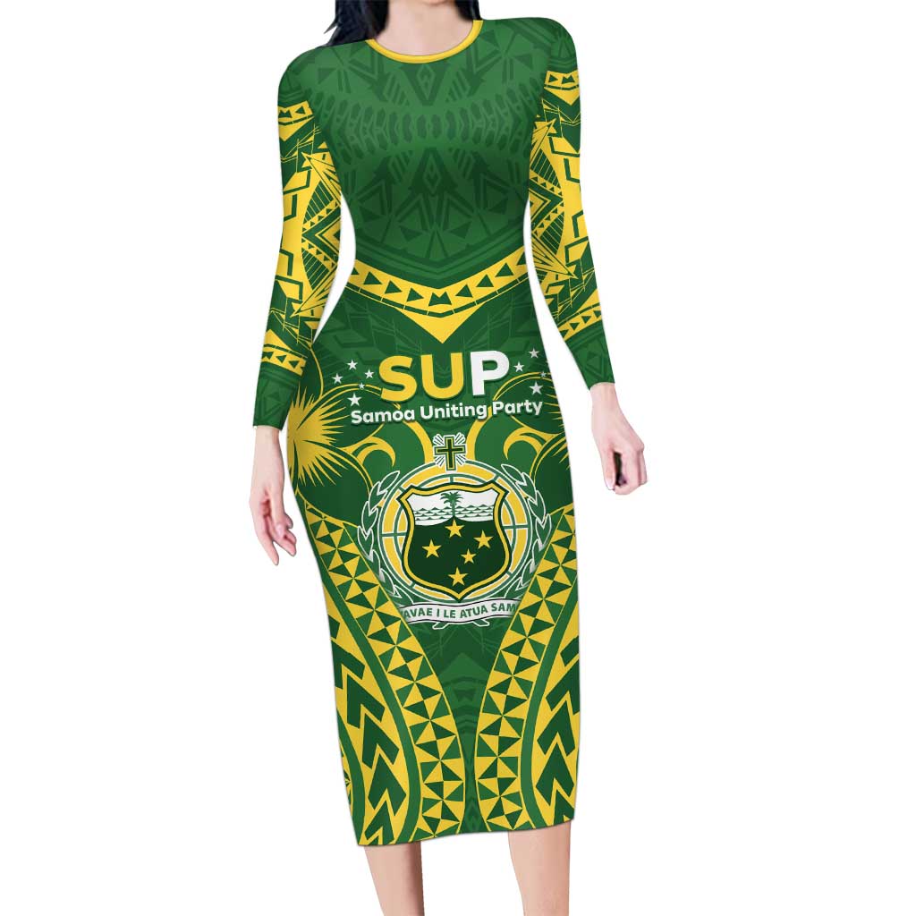 Samoa SUP Long Sleeve Bodycon Dress Samoan Coat Of Arms - Polynesian Pride