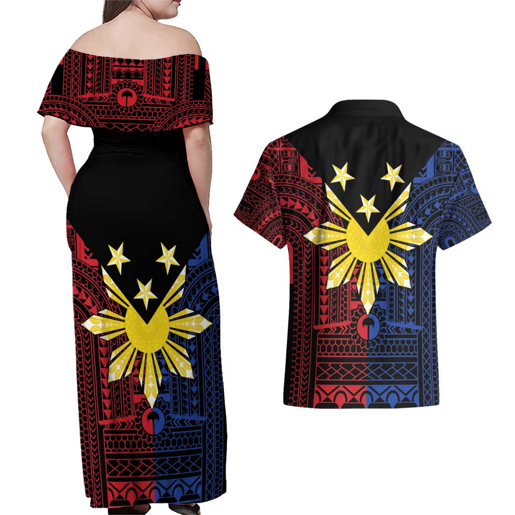 Philippines Sun Star Couples Matching Off Shoulder Maxi Dress and Hawaiian Shirt Igorot Tribal Inspiration - Polynesian Pride