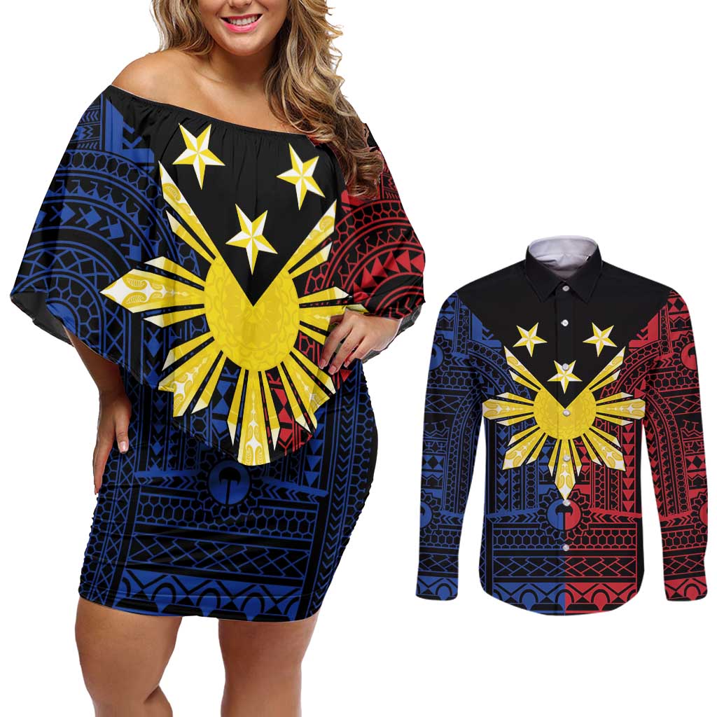 Philippines Sun Star Couples Matching Off Shoulder Short Dress and Long Sleeve Button Shirt Igorot Tribal Inspiration - Polynesian Pride
