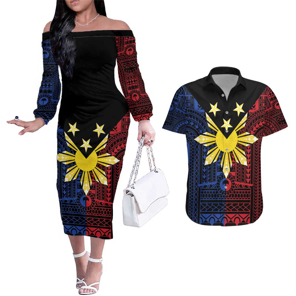 Philippines Sun Star Couples Matching Off The Shoulder Long Sleeve Dress and Hawaiian Shirt Igorot Tribal Inspiration - Polynesian Pride