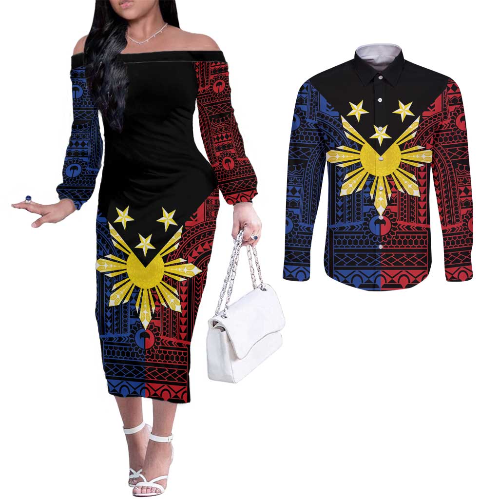 Philippines Sun Star Couples Matching Off The Shoulder Long Sleeve Dress and Long Sleeve Button Shirt Igorot Tribal Inspiration - Polynesian Pride